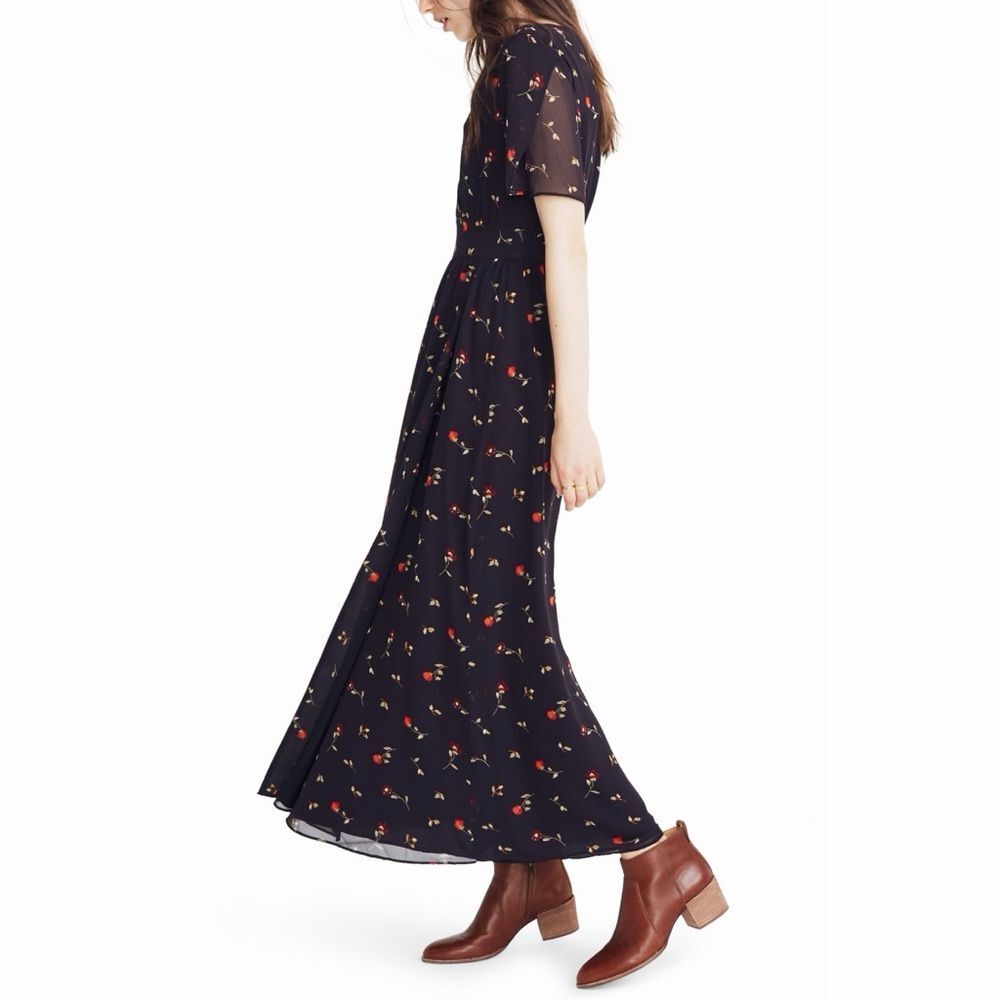 Madewell Black Tulip Sleeve Sweet Blossoms Faux Wrap Maxi Dress Size 0